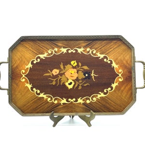 Vintage Inlaid Wood Serving Tray with Brass Trim w Handles Italy Birks