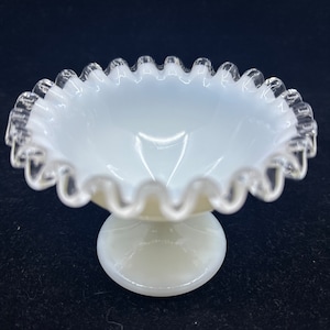 Vintage Fenton Glass Silver Crest Milk Glass Ruffled Compote Pedestal Candy Dish 3” Tall