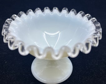 Vintage Fenton Glass Silver Crest Milk Glass Ruffled Compote Pedestal Candy Dish 3” Tall