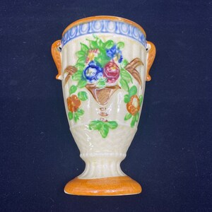 Vintage Wicket Look Urn Wall Pocket with Flowers Made in Japan 6.5”
