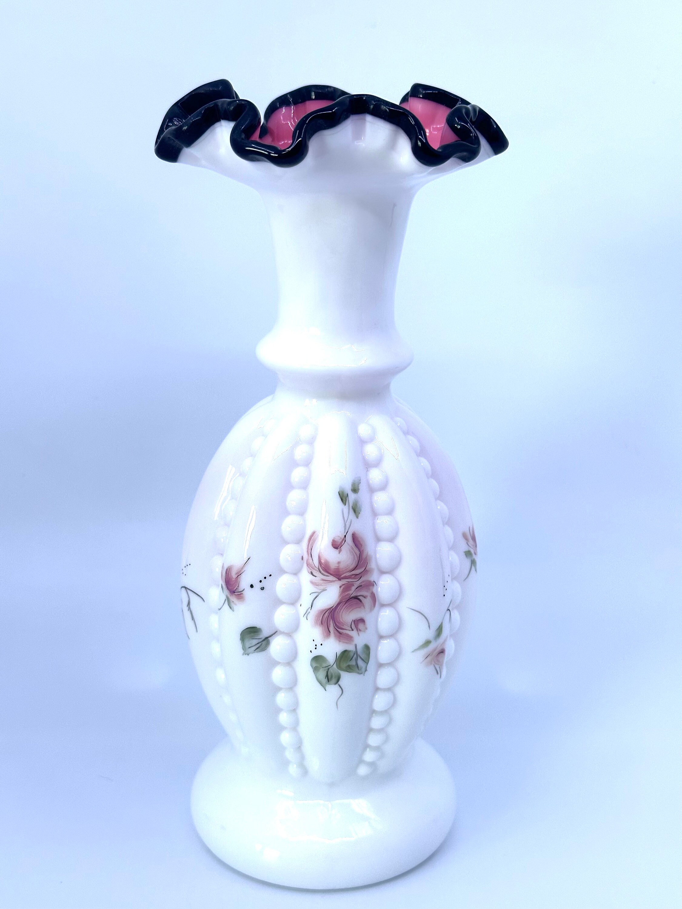 Fenton Black Rose Crest Milk Glass Beaded Melon Vase with Hand Painted Roses 9”