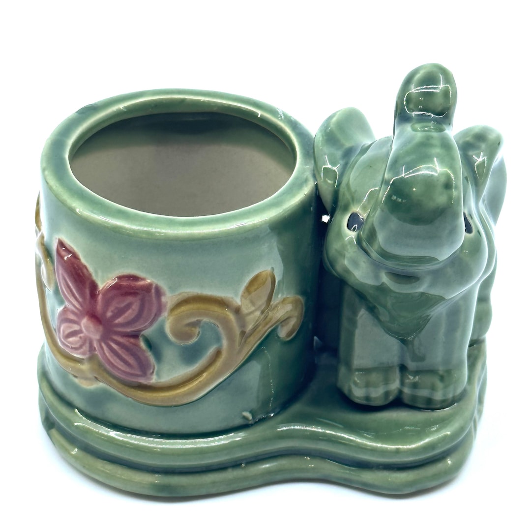 Vintage Majolica Green Elephant Planter MCM Lucky Trunk up 3.75” - Etsy