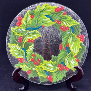 Peggy Karr signierte Glasplatte Holly Berry & Ivy 28 cm