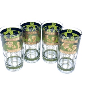 Vintage Cera Set of 4 Mid Century Gold Grapes Green Highball Glasses 22K Gold