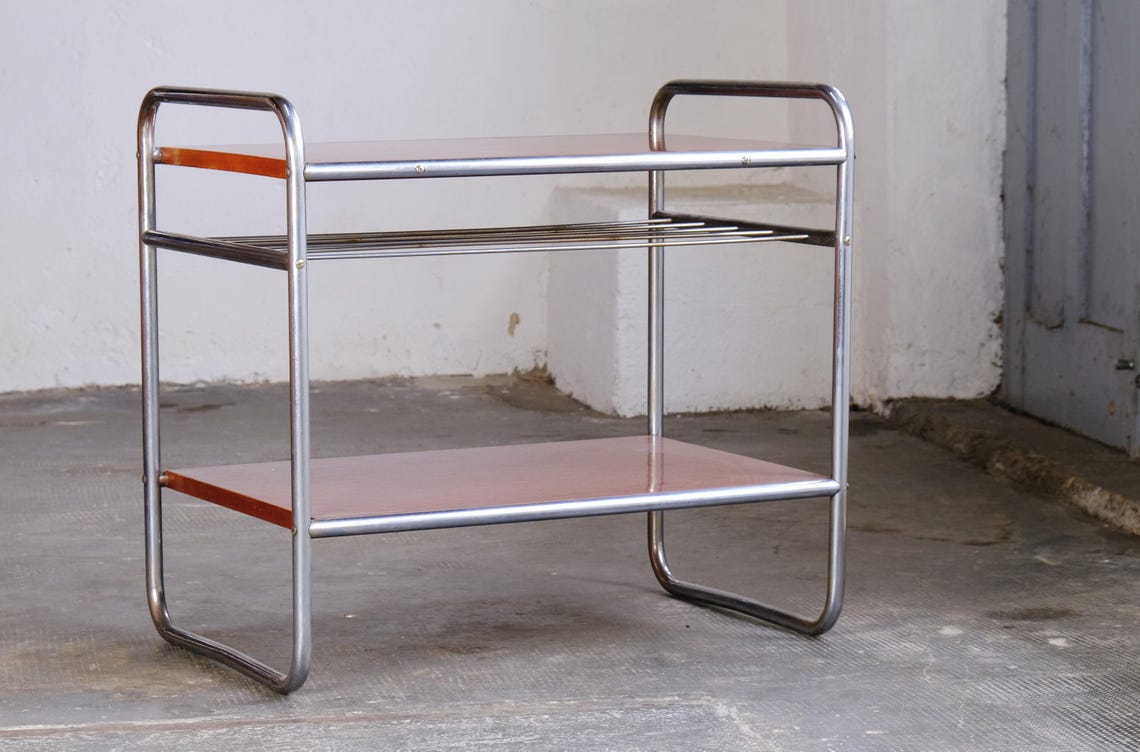 Bauhaus Beistelltisch / Art deco Regal aus Stahlrohren, photo 4 sur 5