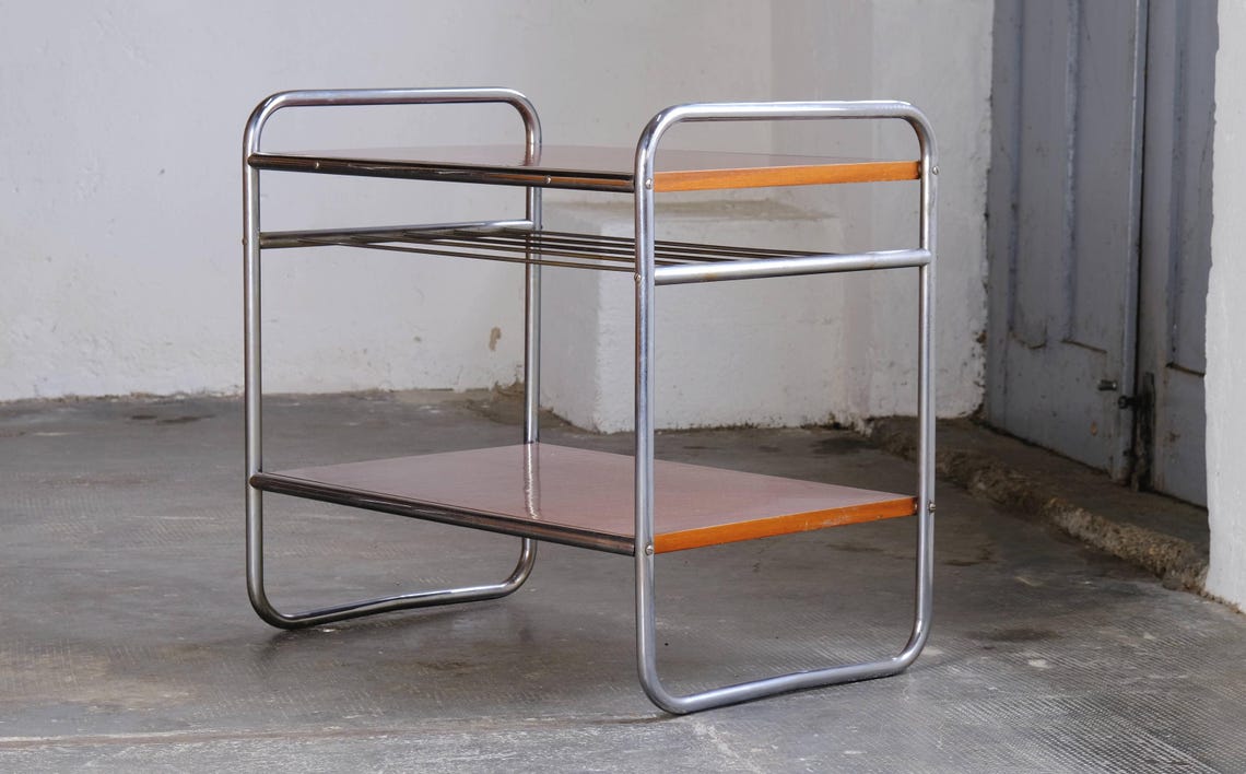 Bauhaus Beistelltisch / Art deco Regal aus Stahlrohren, photo 1 sur 5