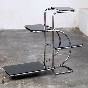 Chromed Art Deco shelf with black colored glass plates