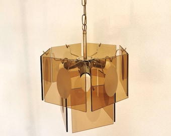 Mid Century Vistosi Smoked Glass Chandelier - Italian Pendant Light