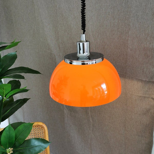 Vintage Meblo Orange Pendant Lamp / Harvey Guzzini Italy 1970s / Model Faro / Mid-century Extendable Ceiling Light / Retro Vibrant Orange