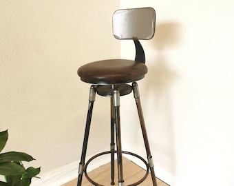 Vintage Handmade Metal Bar Chair: Adjustable Height Leather Swivel Seat
