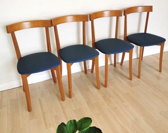 SET OF 4 Vintage Dining Chairs by Calligaris / Italy 1990s / Wooden Dine Chairs with Blue Fabric Seat / Mid-century Italian Design Bistro
