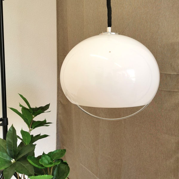 Vintage Meblo White Pendant Lamp / Harvey Guzzini 1970s Italian Design / Space Age Ceiling Light / White Shade Extendable Cable Mid-century
