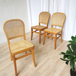 1 of 3 Vintage Wooden Dine Chairs with Cane Seat and Cane Backrest / Mid-century Dining Room Furniture / Yugoslavia 1970s / Wicker Mash