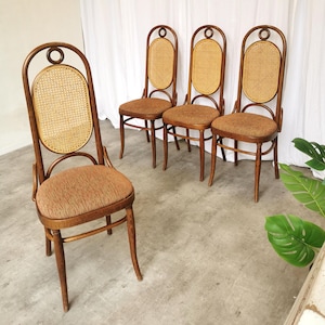 1 of 4 Vintage High Backrest Dining Chairs / 1970s Thonet Style Bentwood Dine Chairs / Cane Back Fabric Seat / Mid-century Wooden Chairs