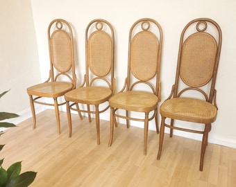 SET OF 4 Vintage High Backrest Dine Chairs / Thonet Bentwood Dining Chair with Cane / 1970s, Yugoslavia / Mid-century Dining Room Wicker