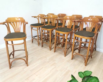 1 of 9 Vintage Wooden High Bar Chairs in Thonet Sytle / Mid-century Irish Pub Kitchen Counter Armchair with Armrest