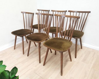 1 of 6 Vintage Wooden Dining Chairs in Windsor Style / Mid-century Dine Set Made in Yugoslavia by Stol Kamnik 1970s / Brown and Green Fabric