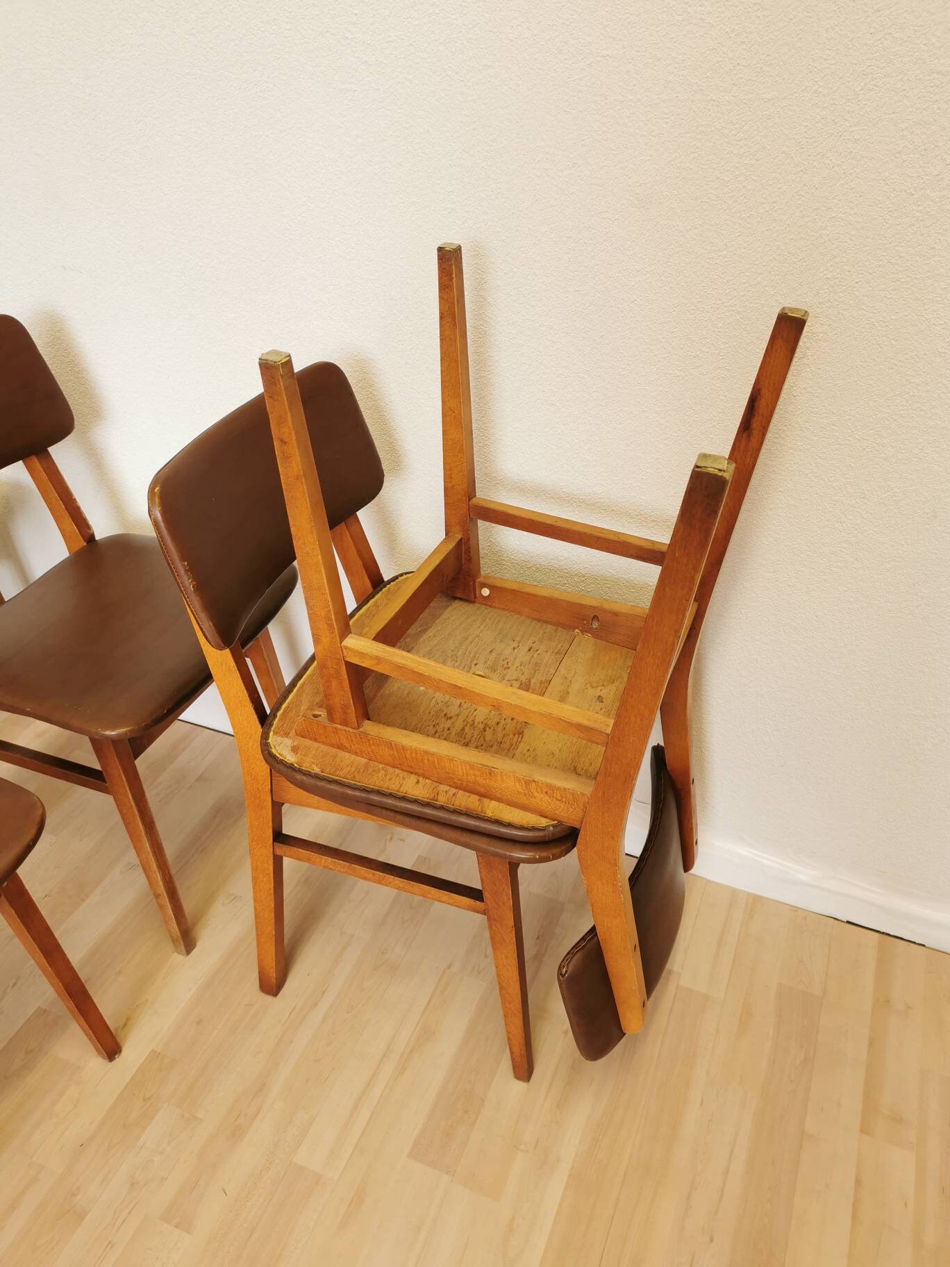 1 of 6 Vintage Wooden Dining Chairs With Leather Seat and
