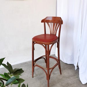 Vintage High Bar Stool with Red Seat / Bentwood High Chair in Thonet style / 1960s Yugoslavia / Mid-century Modern