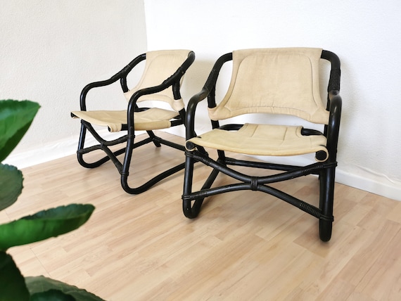 Vintage Espri Safari Lounge Chair: Black Bamboo, Beige Fabric, 1970s Ikea