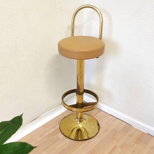 Vintage Italian Brass Bar Stool: Mid-Century Modern Leather Seat