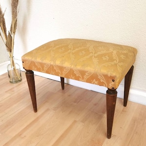 Vintage Foot Stool with Wooden Legs and Cushioned Seat in Gold Yellow Fabric / Mid-century Elegenat Ottoman Tabure / 1970s / Stained