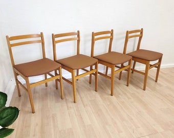 SET OF 4 Vintage Dine Chairs by Branko Ursic for STOL Kamnik, 1970s, Yugoslavia / Wooden Dining Chairs with Brown Leather Seat