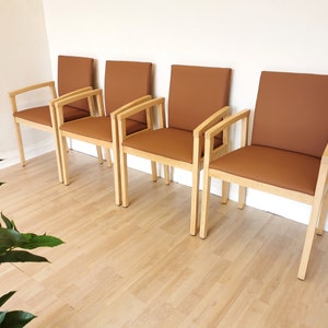 SET OF 4 Restored Vintage Massive Wooden Dining Chairs with Brown Leather and Armrests / Italian Mid-century Design / Made in Italy 1990s