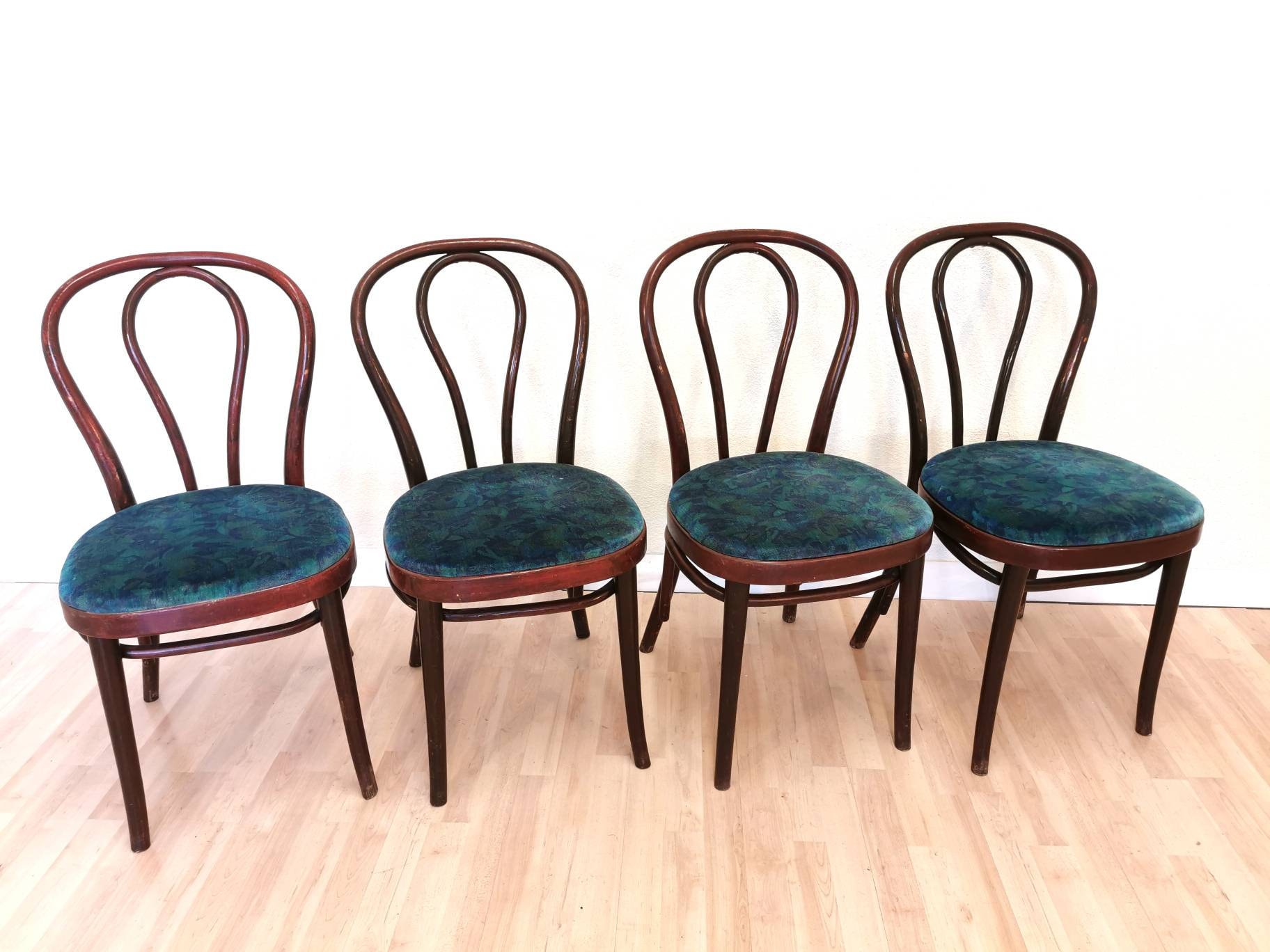 Set of 4 Vintage Thonet Bentwood Chair: Blue Upholstered Dining