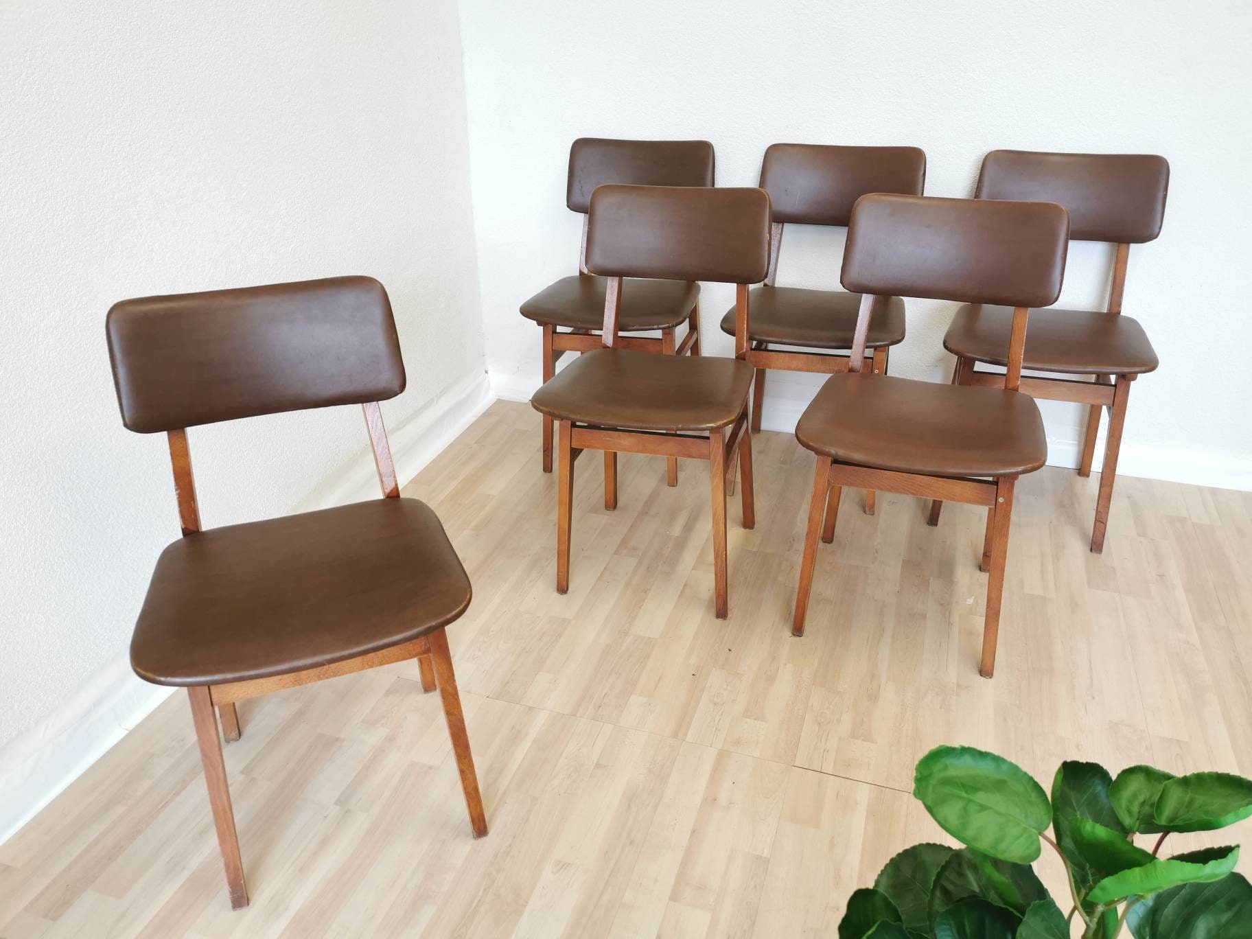 1 of 6 Vintage Wooden Dining Chairs With Leather Seat and