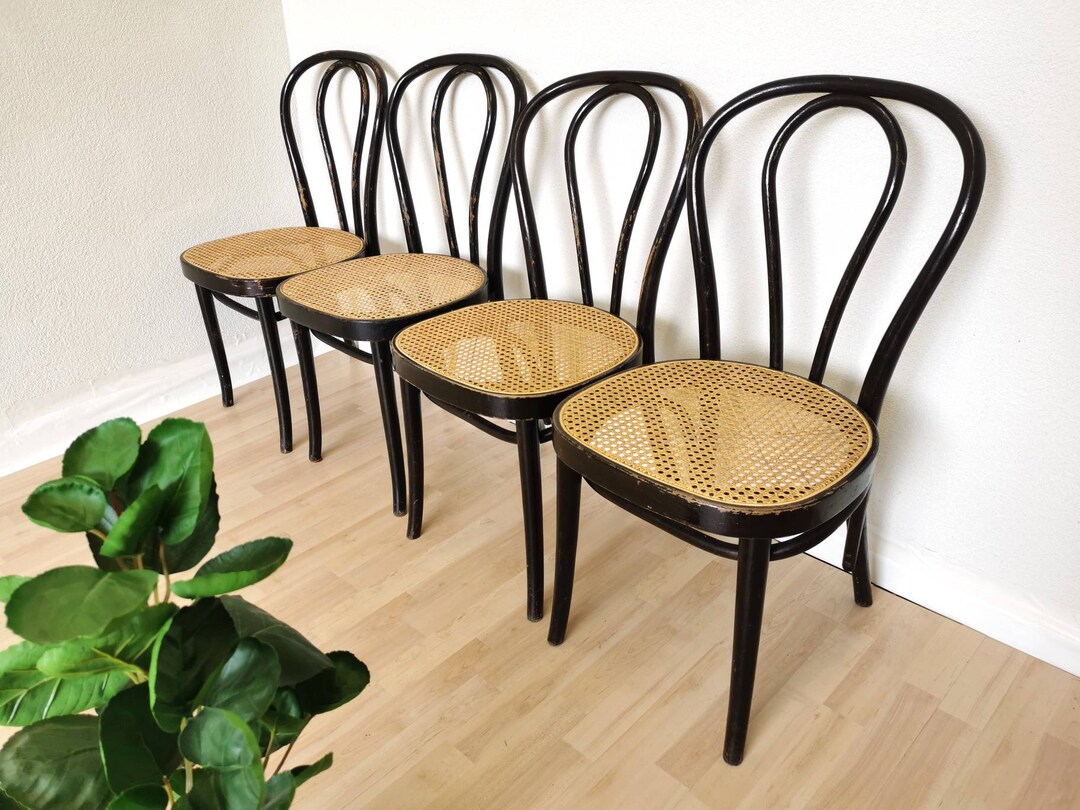 SET OF 4 Vintage Black Wooden Dining Chairs With Cane Seat / Mid