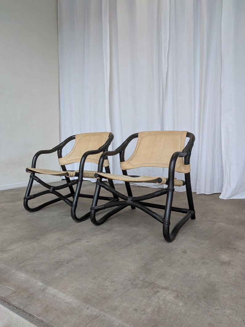 Sillón Espri Safari vintage: bambú negro, tela beige, Ikea de los años 70 (2 unidades en stock) imagen 9