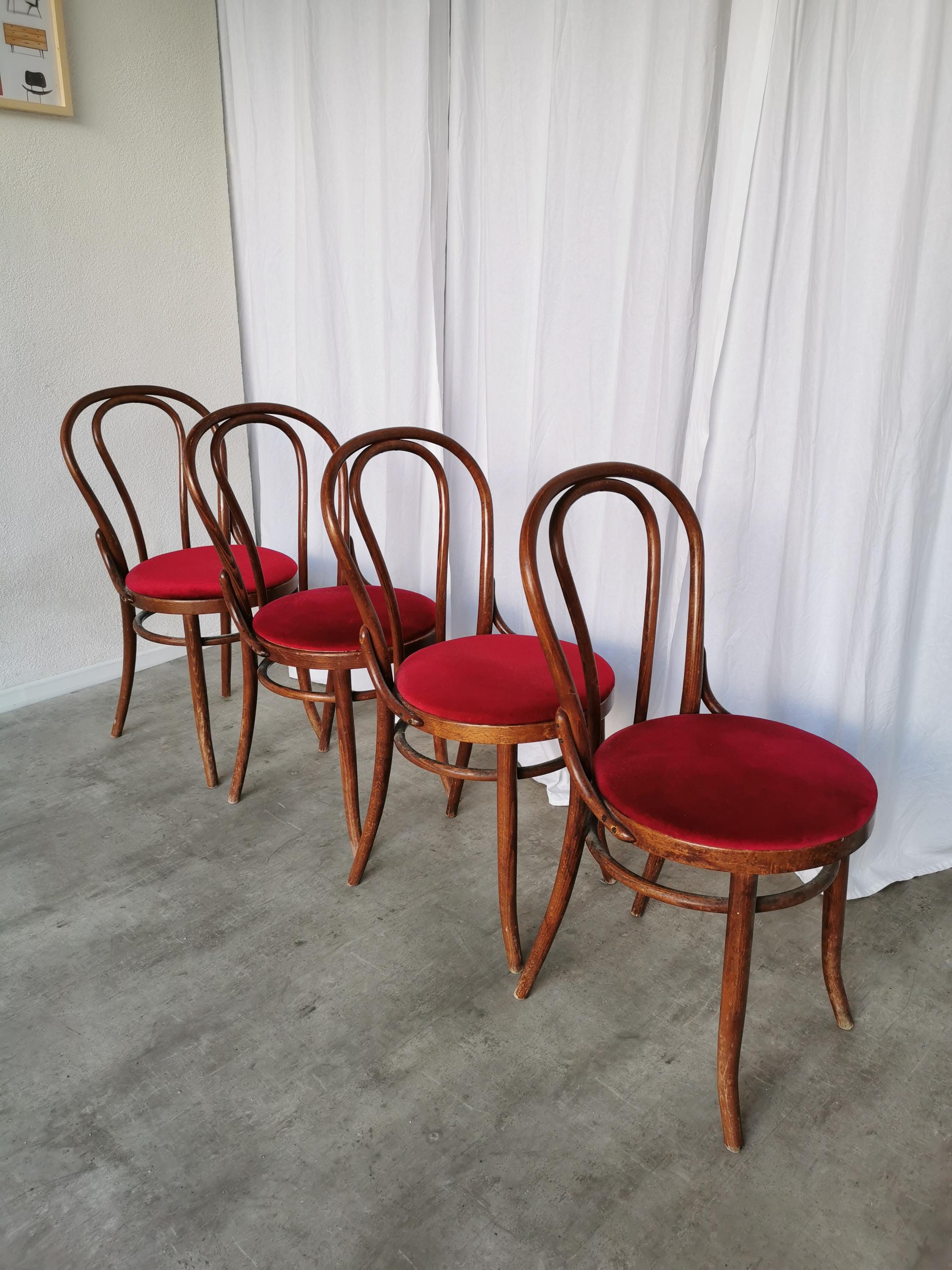Set of 4 Vintage Bentwood Bistro Chairs: Thonet Style, Red