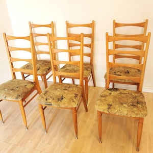 SET OF 6 / Vintage Wooden Dine Chairs / 1970s /Bistro Dining Chair / Brown - Green Fabric / Mid-century Furniture / Restaurant / Bar / Pub
