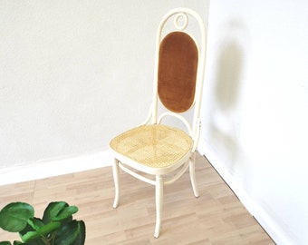 Vintage High Backrest Dine Chair / Thonet Bentwood Dining Chair with Cane and Yellow Fabric / 1970s, Yugoslavia / Mid-century Dining Room