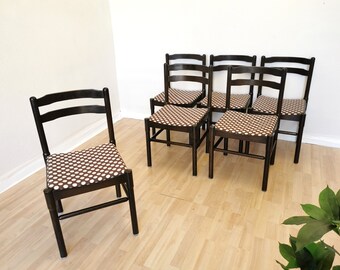 1 of 6 Vintage Wooden Dining Chairs with Fabric Seat in Brown and White Dots / Electic Mid-Century Dine Chairs / Pub Bistro Bar Restraurant