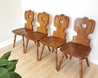 SET OF 4 Vintage Farmhouse Chairs / Massive Wooden Dine Chairs Made in the 1970s, Yugoslavia / Batch of Mid-century Tyrolean Dining Chairs
