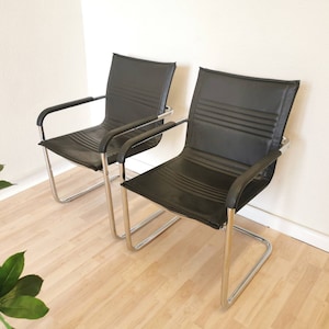 1 of 2 Rare Vintage Office Chairs / Black Leather Seat / Armrest / Chrome Tubular Base / Mid-century Dining Armchair / Desk or Dine 1980s