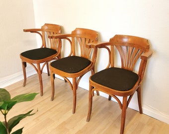 SET VON 3 Vintage Bugholz Esszimmerstühlen im Irish Pub Style mit Stoffsitz / Mid-century Holzsessel mit Armlehne im Thonet Stil
