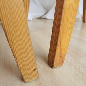 May include: Close-up of the legs of a wooden chair. The legs are made of light-colored wood and have a simple, straight design.