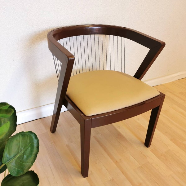 vintage Fauteuil Salon en Bois avec Cordes en LIVONI 1895 Sytle / Rare Demi-Rond Mid-Century Wooden Chair avec Siège en Cuir / Bureau Italie