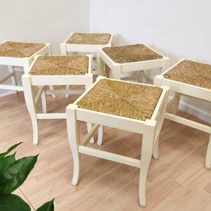 Vintage White Wooden Stool: 1970s Boho Seagrass Seat
