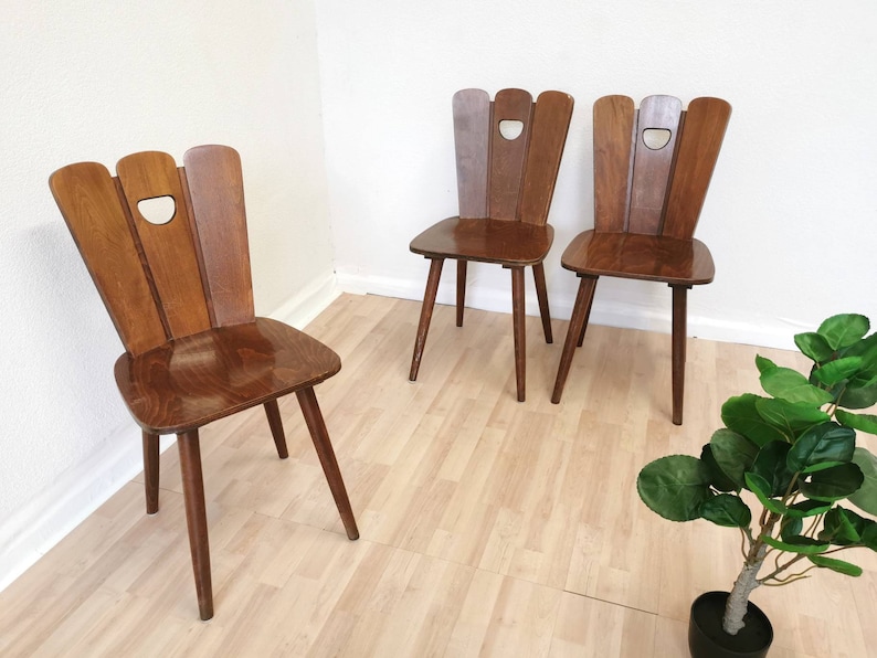 1 of 3 Vintage Farmhouse Chairs / Massive Wooden Dine Chairs made in the 1970s, Yugoslavia / Batch of Mid-century Tyrolean Dining Chairs image 1