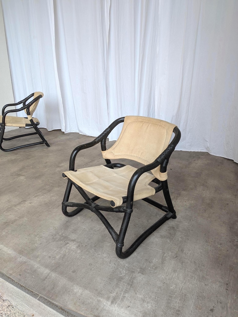 Sillón Espri Safari vintage: bambú negro, tela beige, Ikea de los años 70 (2 unidades en stock) imagen 1