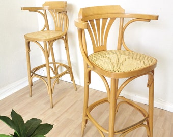 Vintage Thonet Style Bar Chair: Mid-Century Bentwood Armchair with Cane Seat