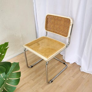 Vintage White Cesca Chair with Cane Seat and Backrest / 1970s Marcel Breuer Tubular Chrome Base / Mid-Century Dine Office Chair with PATINA