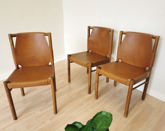 1 of 3 Vintage Dine Chairs / Janez Lajovic for Prisank Hotel / Yugoslavia 1960s / Mid-century Leather Seat Wooden Dining Chair