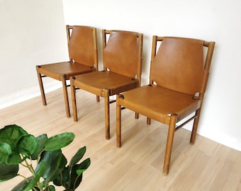 SET OF 3 Vintage Dine Chairs / Janez Lajovic for Prisank Hotel / Yugoslavia 1960s / Mid-century Leather Seat Wooden Dining Chair