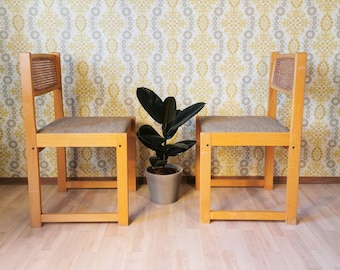 1 of 2 Vintage Cane Chairs with Cushioned Seating in Gray Fabric / Mid-century Style Dining Dine / Retro Home Decor / Square Design / MCM