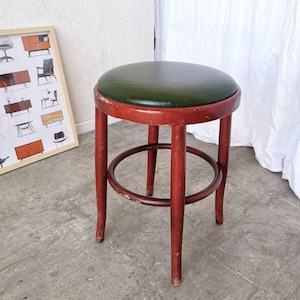 Vintage Irish Pub Stool: Green Leather Seat, Bentwood Thonet Style